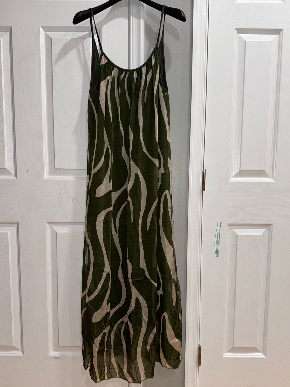 Olive Green & Cream Patterned Maxi Slip Dress